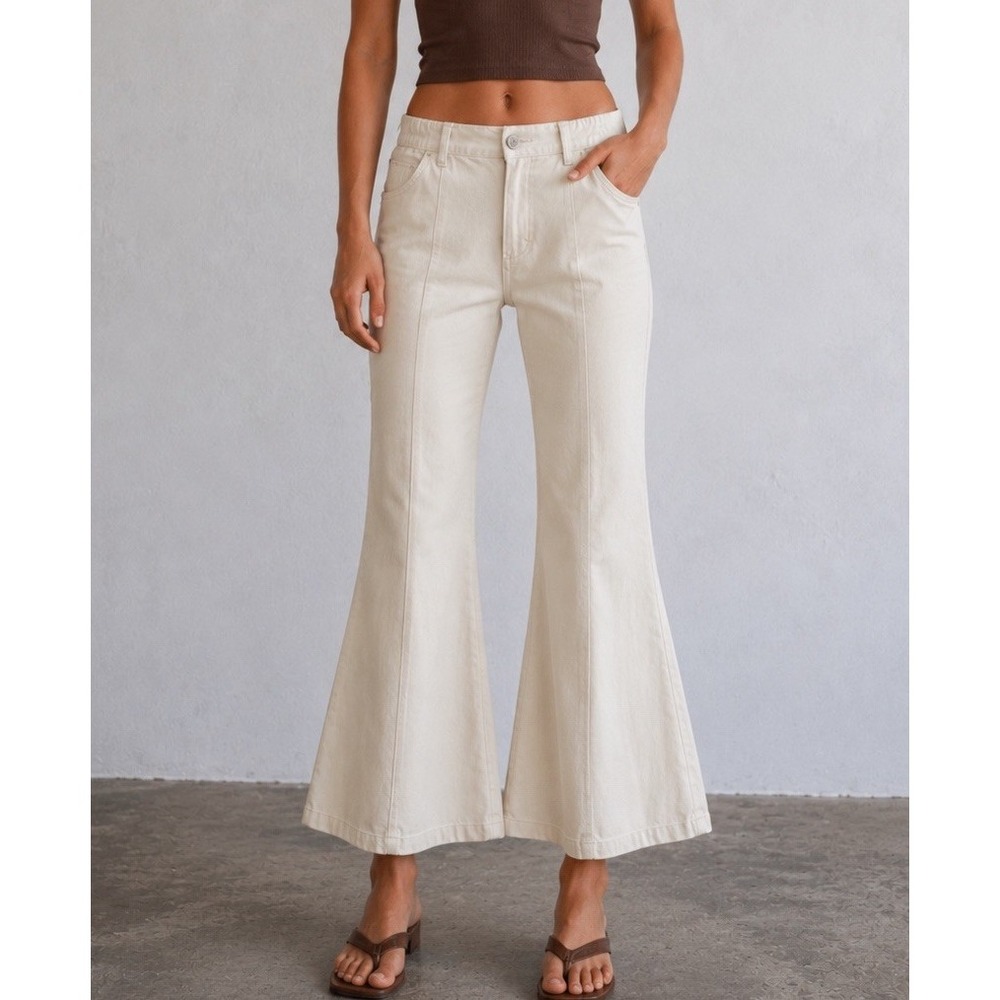 Umgee Pants Women Size 7 Denim Flare Bell Bottom Cream White 70's Retro Stretch